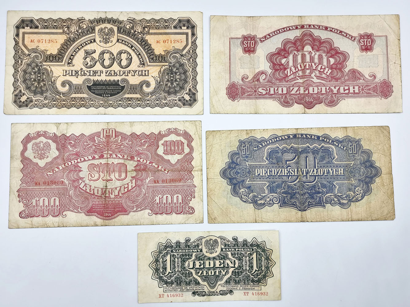 1 do 500 złotych 1944, zestaw 5 banknotów - rzadkie